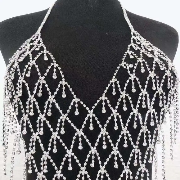 🌸 FRINGE DIAMOND NECKLACE FESTIVAL BIB CHUNK DIVA CHIC CLUB PARTY  TASSEL - Picture 5 of 6